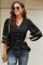 Black Flare Sleeve V Neck Button Up Blouse