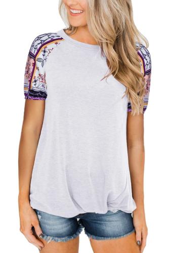 White Front Knot Floral Printed Short Sleeve Tops