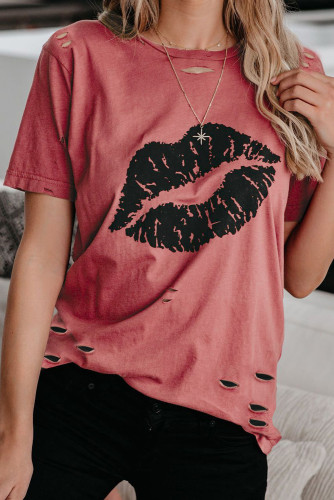 Kiss The Lip Distressed Cotton Tee