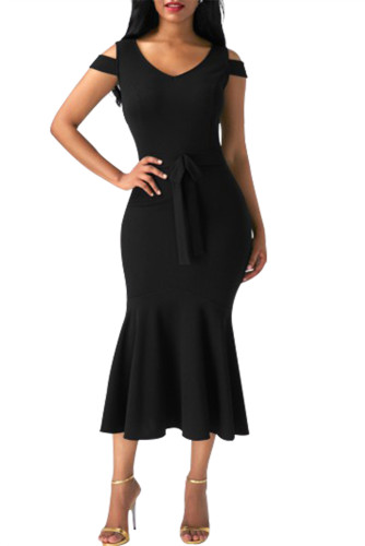 Black Cold Shoulder Bow Detail Mermaid Dress