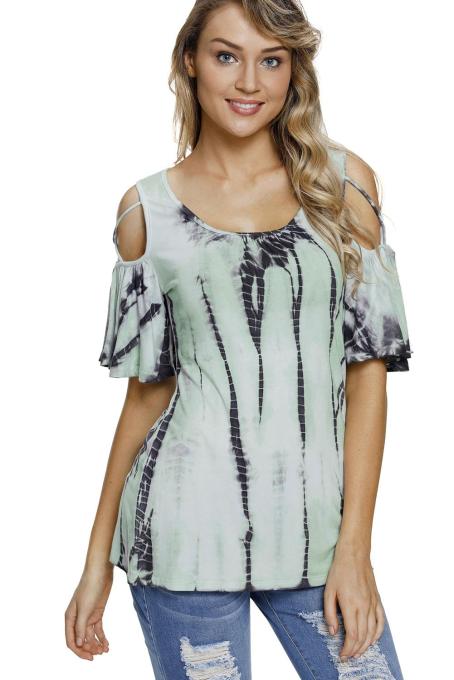 Mint Tie Dye Print Crisscross Cold Shoulder Top