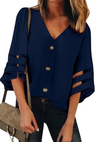 Navy Blue Flare Sleeve V Neck Button Up Blouse