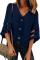 Navy Blue Flare Sleeve V Neck Button Up Blouse