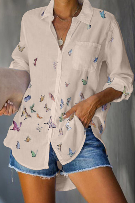 Apricot Butterfly Print Pocketed Shirt