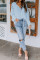 Sky Blue V Neck Lantern Sleeve Lace Hollow Out Long Sleeve Top