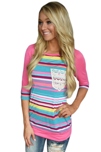Rosy Raglan Sleeve Lace Pocket Detail Printed Top