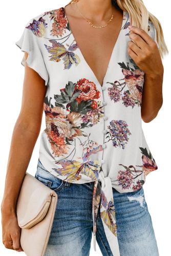 White Button Up V Neck Ruffle Cap Sleeve Tie Knot Blouse