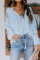 Sky Blue V Neck Lantern Sleeve Lace Hollow Out Long Sleeve Top