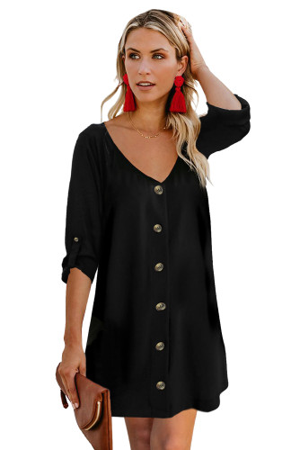 Black V Neck Button Front Roll up Tab Sleeve Dress