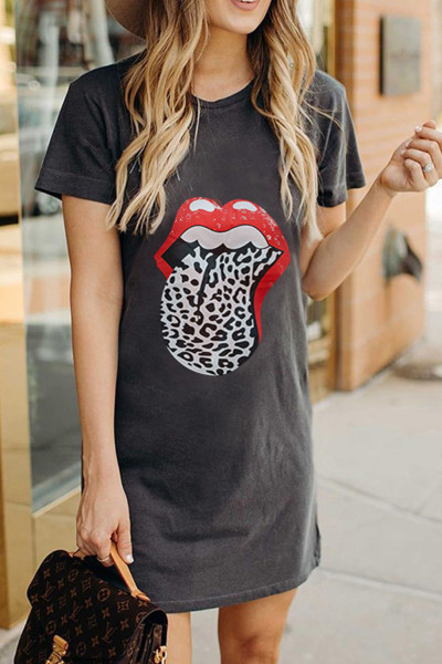 Gray Lip Print Summer Casual Tee Mini Dress