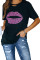 Kiss The Lip Distressed Black Cotton Tee