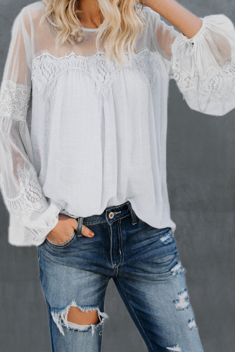 White Fashion Lantern-Sleeve Lace Patchwork Top