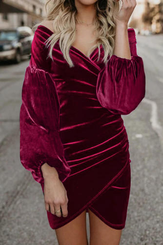 Red Puff Sleeve Off Shoulder Wrap Bodycon Velvet Dress