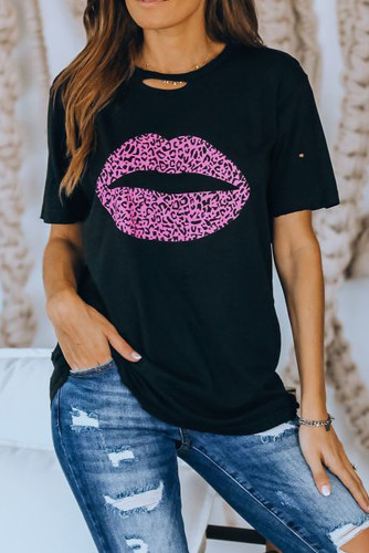 Kiss The Lip Distressed Black Cotton Tee
