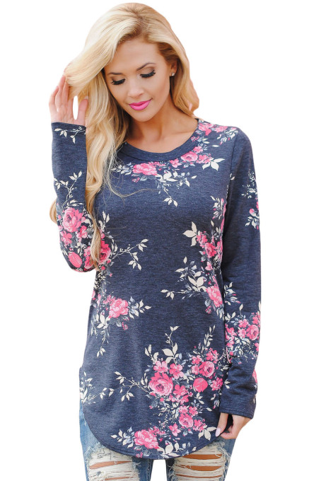 Gray Long Sleeve Floral Autumn Womens Top
