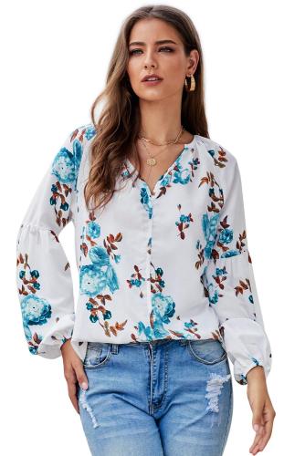Green Ballon Sleeve Floral Shirt Top