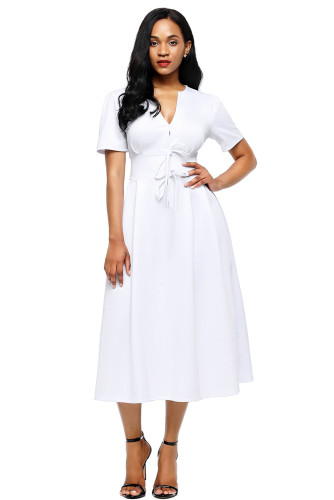 White Split Neck Short Sleeve Midi Dress with Bowknots