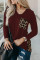 Burgundy Leopard Patch Pocket Long Sleeve Top