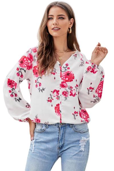 Red Ballon Sleeve Floral Shirt Top