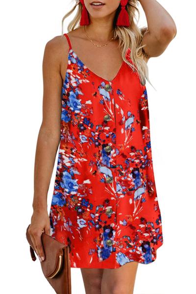 Orange Floral Pattern Buttoned Slip Cami Dress