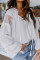 White V Neck Lantern Sleeve Lace Hollow Out Long Sleeve Top