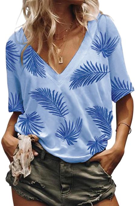 Sky Blue Casual V Neck Plant Print Tee