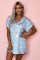Blue V-Neck Half Sleeve Leopard Casual T Shirt Dress with Pockets