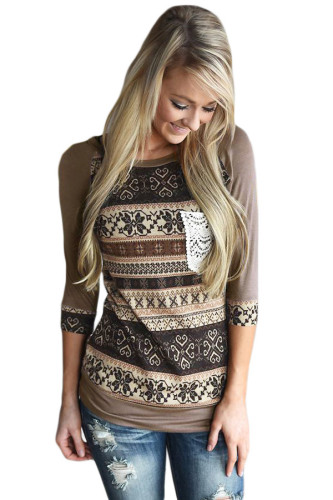 Taupe Raglan Sleeve Lace Pocket Detail Printed Top