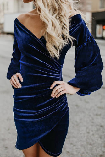 Blue Puff Sleeve Off Shoulder Wrap Bodycon Velvet Dress
