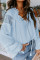 Sky Blue V Neck Lantern Sleeve Lace Hollow Out Long Sleeve Top