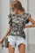 Gray Camouflage Print Ruffled Cap Sleeve T-shirt