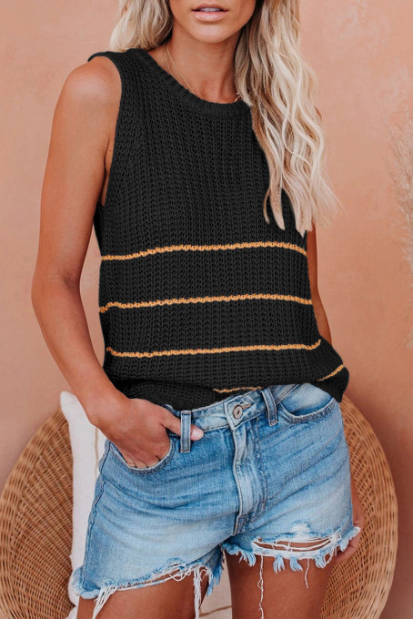 Black Knit Tank Top with Stripes