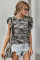Gray Camouflage Print Ruffled Cap Sleeve T-shirt