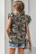 Green Camouflage Print Ruffled Cap Sleeve T-shirt