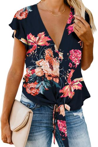 Blue Button Up V Neck Ruffle Cap Sleeve Tie Knot Blouse