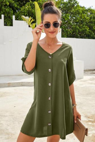 Green V Neck Button Front Roll up Tab Sleeve Dress
