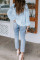 Sky Blue V Neck Lantern Sleeve Lace Hollow Out Long Sleeve Top