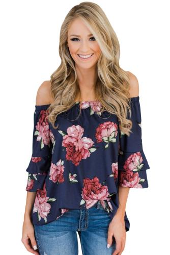 Blue Bring on The Floral Off The Shoulder Top