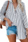 Gray Stripe Linen Dropped Sleeve Button Down Blouse with Pocket