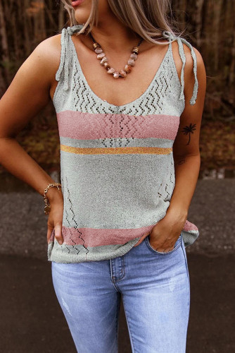Gray Striped Colorblock Textured Knit Tank
