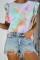 Multicolor Tie-dye Ruffled Cap Sleeve T-shirt