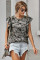 Gray Camouflage Print Ruffled Cap Sleeve T-shirt