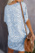 Blue V-Neck Half Sleeve Leopard Casual T Shirt Dress with Pockets