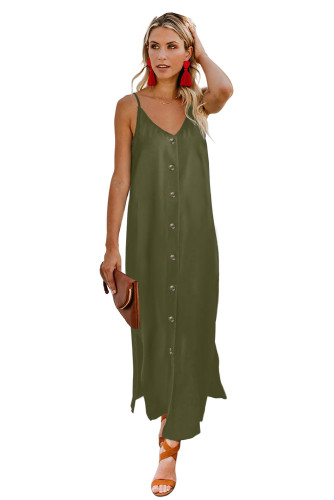Green Button Slip Long Dress
