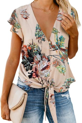Apricot Button Up V Neck Ruffle Cap Sleeve Tie Knot Blouse