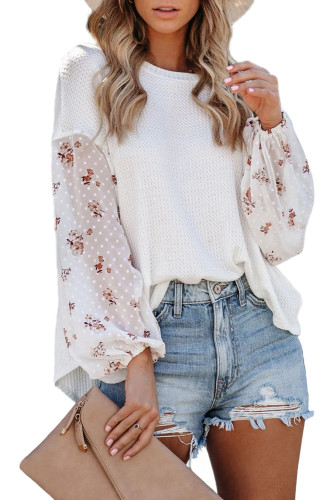 White Blossom Contrast Swiss Dot Knit Top