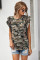 Green Camouflage Print Ruffled Cap Sleeve T-shirt
