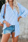 Sky Blue Stripe Linen Dropped Sleeve Button Down Blouse with Pocket