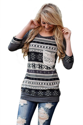 Grey Raglan Sleeve Lace Pocket Detail Printed Top
