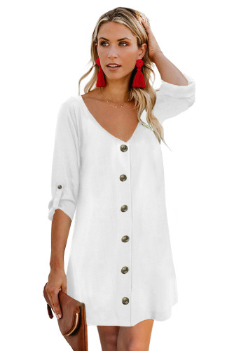 White V Neck Button Front Roll up Tab Sleeve Dress